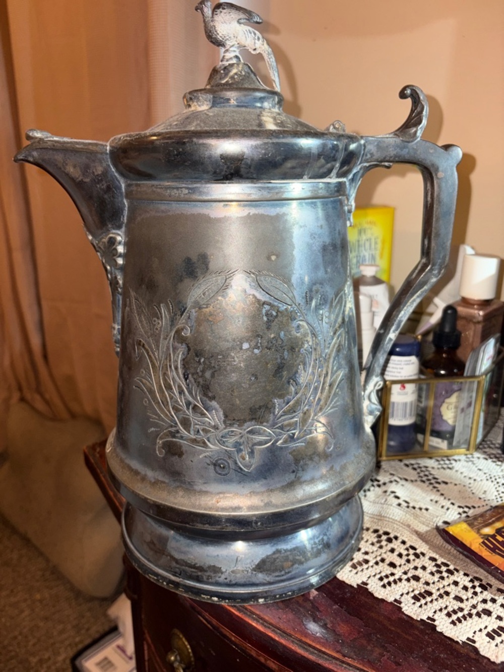 Ornate Silver-plate Decorative Pitcher with Bird Finial